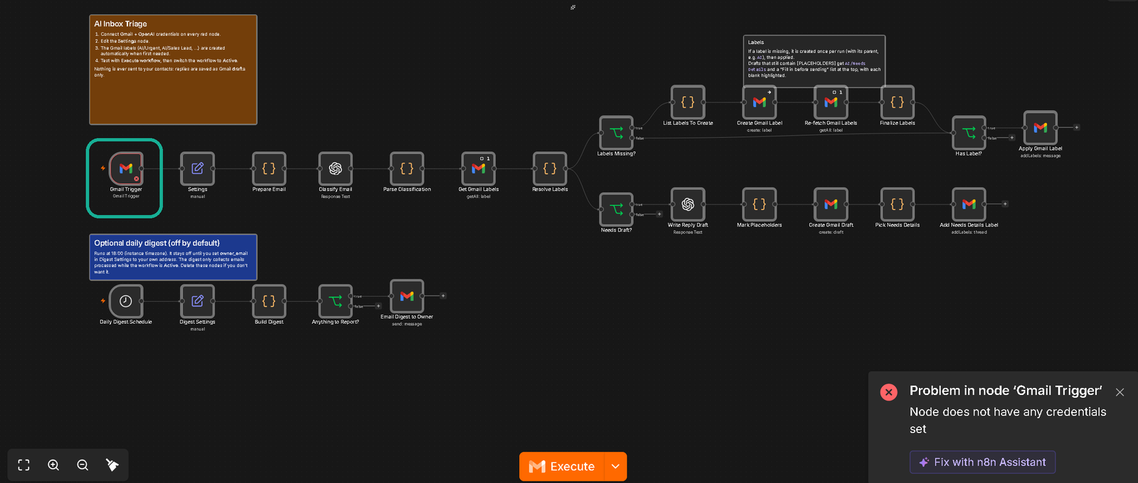 n8n error: Node does not have any credentials set